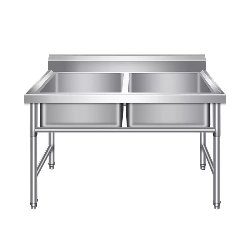 Commercial Kitchen Double Sink - طاولة عمل من الفولاذ المقاوم للصدأ